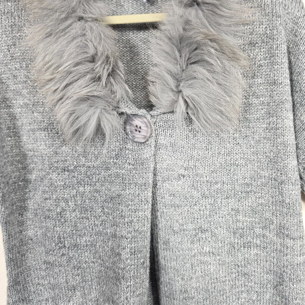Sisters Cardigan Women's M Gray Wool Knit Faux Fur Short Sleeve Boho